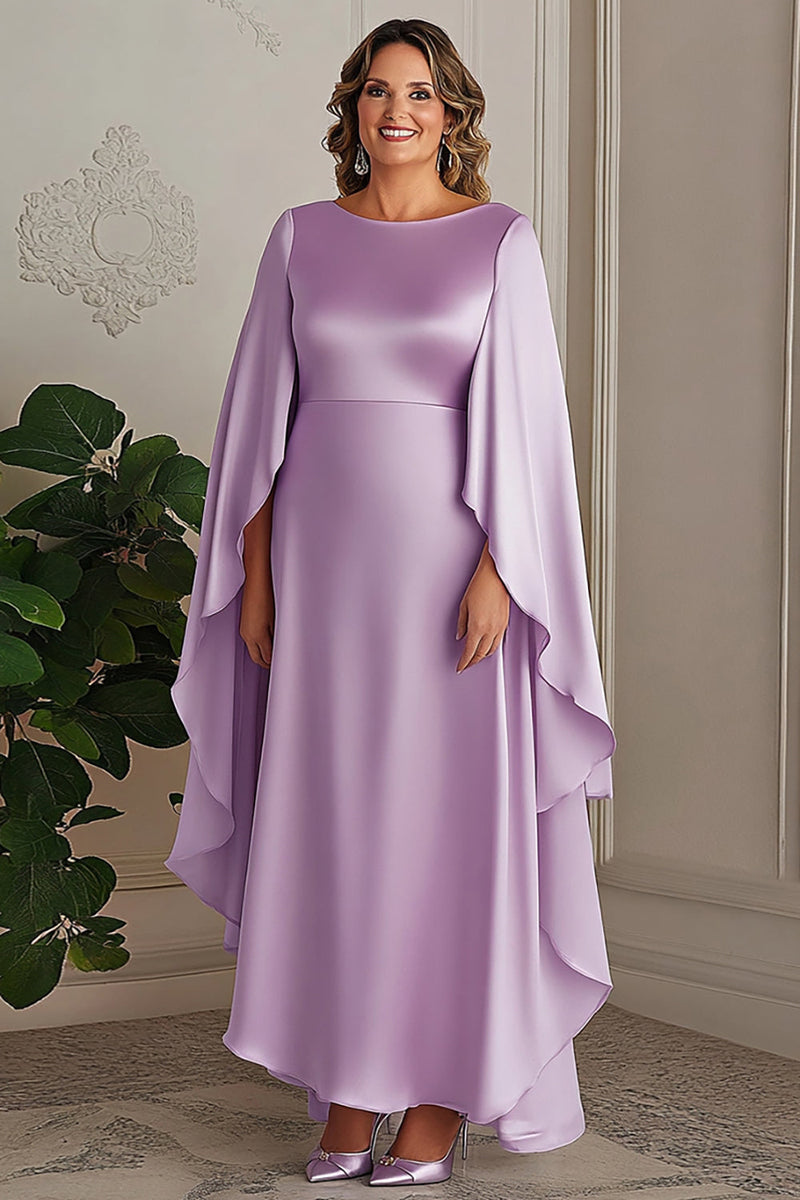 Laden Sie das Bild in den Galerie-Viewer, Lila A Linie Satin Runder Ausschnitt Langes Kleid für die Brautmutter in Große Größen