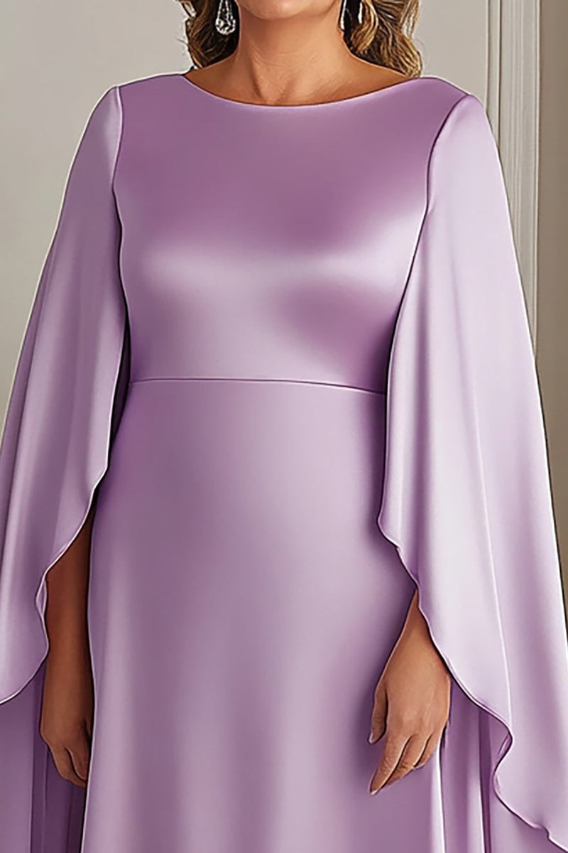 Laden Sie das Bild in den Galerie-Viewer, Lila A Linie Satin Runder Ausschnitt Langes Kleid für die Brautmutter in Große Größen