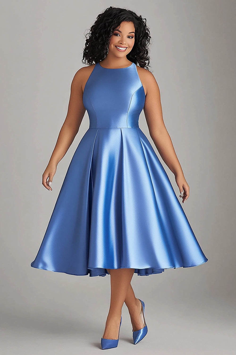 Blau A Linie Satin Knielanges Kleid für die Brautmutter in Große Größen