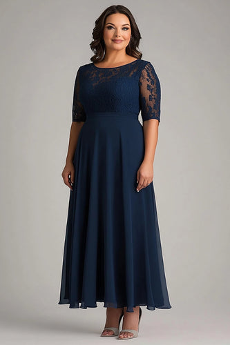 Marineblau A Linie Langes Kleid für die Brautmutter in Großen Größen mit Halblangen Ärmeln