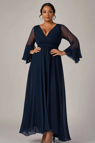 Marineblau V-Ausschnitt Chiffon Langes Kleid für die Brautmutter in großen Größen mit Lange Ärmeln