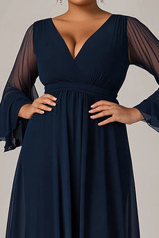 Marineblau V-Ausschnitt Chiffon Langes Kleid für die Brautmutter in großen Größen mit Lange Ärmeln