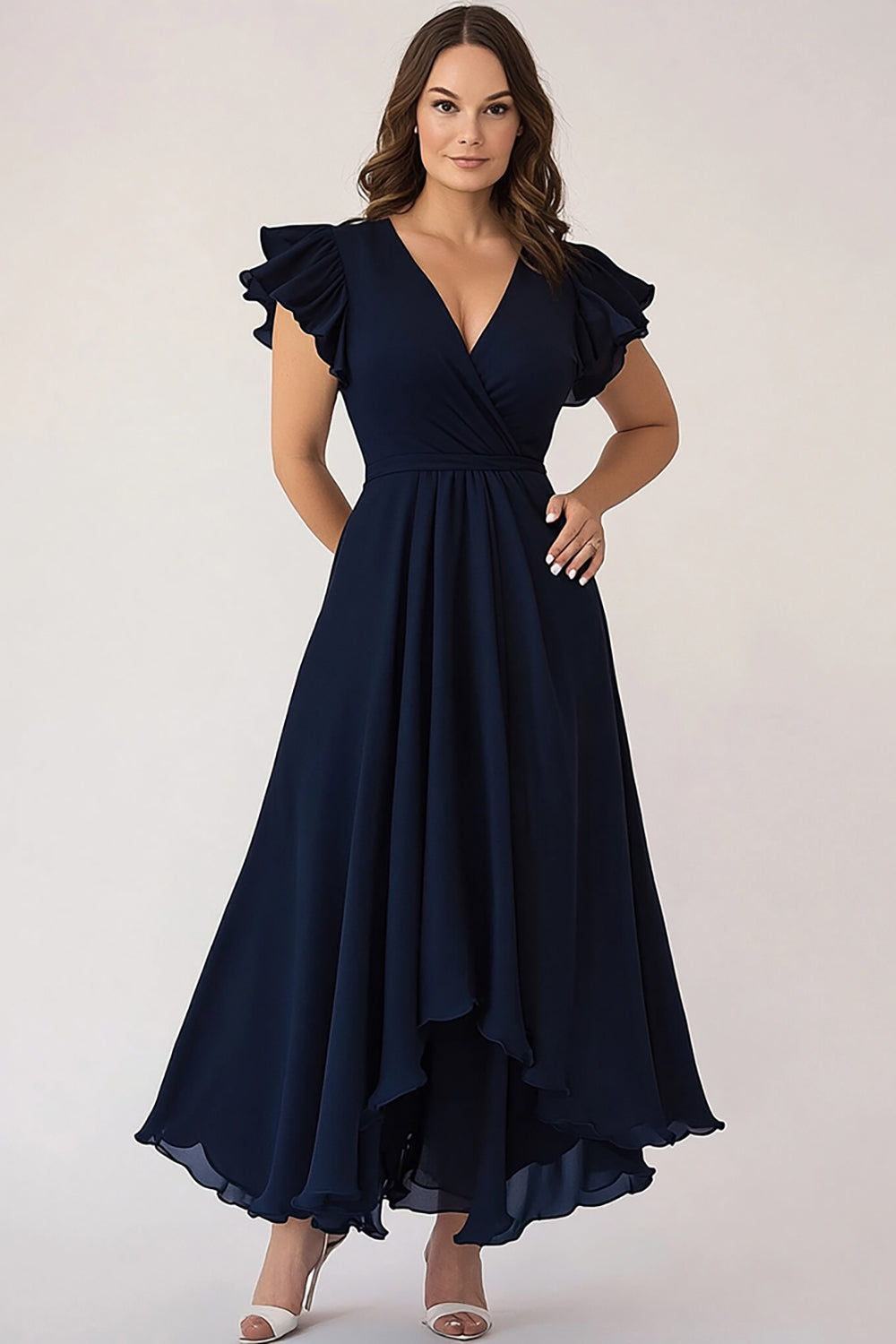 Marineblau A Linie V-Ausschnitt Langes Kleid für die Brautmutter mit Fliegenden Ärmeln