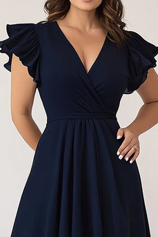 Marineblau A Linie V-Ausschnitt Langes Kleid für die Brautmutter mit Fliegenden Ärmeln