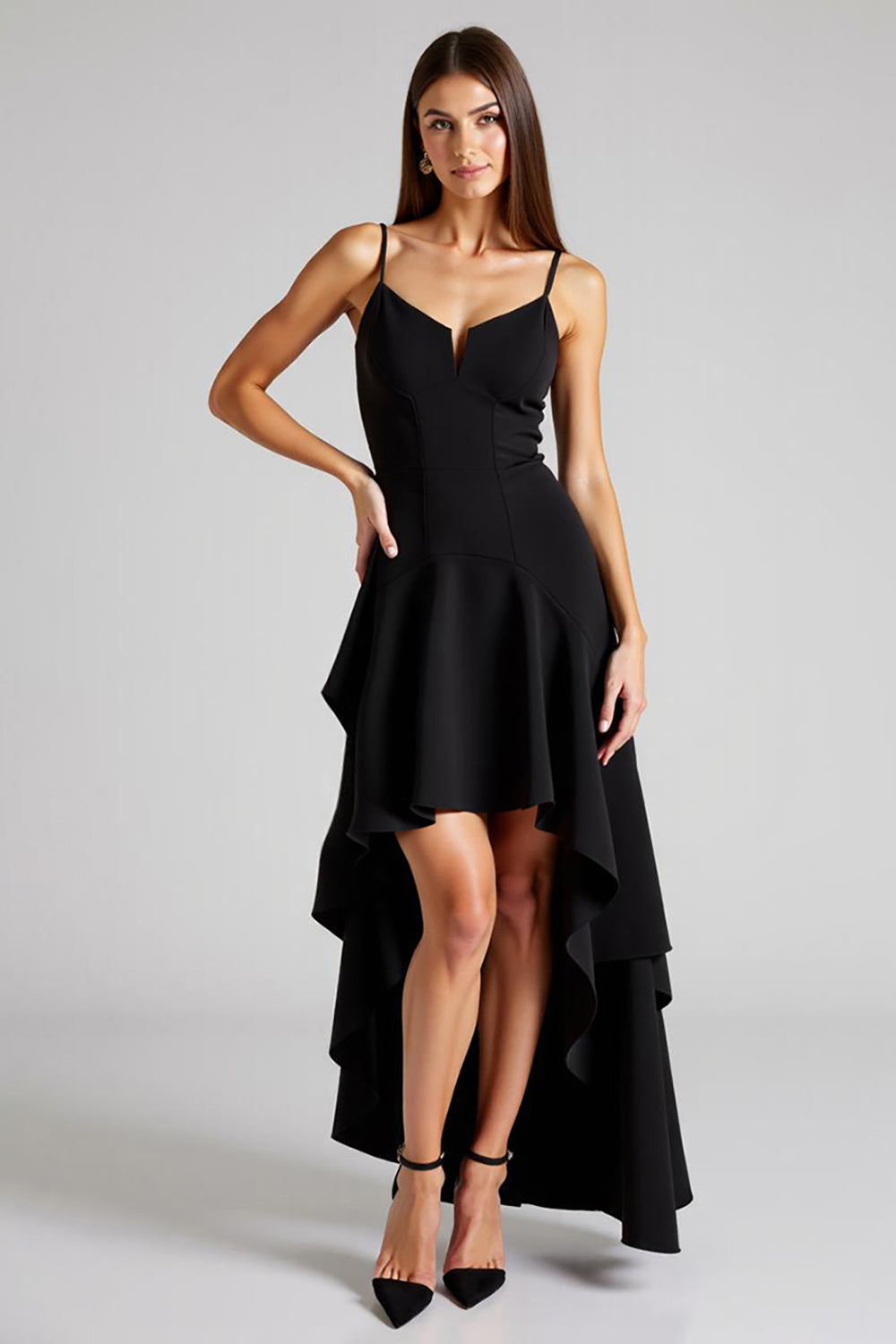 Schwarz A Linie High Low Falten Formelle Kleid