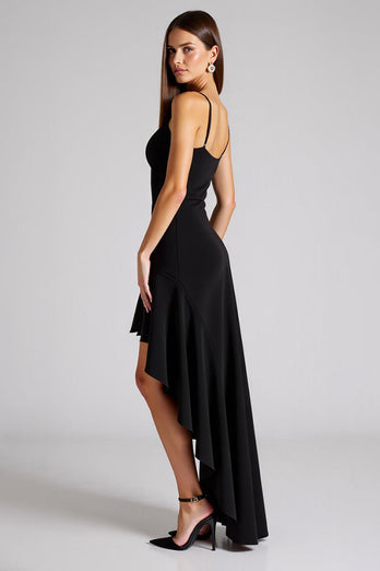 Schwarz A Linie High Low Falten Formelle Kleid