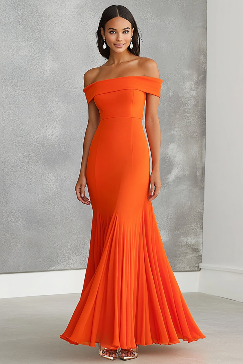 Orange Etui Pleated Schulterfreie Lange Formelle Kleid