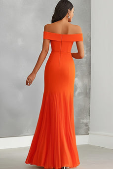 Orange Etui Pleated Schulterfreie Lange Formelle Kleid