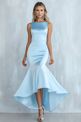 Himmelblau Ärmelloser Asymmetrische Meerjungfrau Satin Lange Formelle Kleid