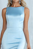 Laden Sie das Bild in den Galerie-Viewer, Himmelblau Ärmelloser Asymmetrische Meerjungfrau Satin Lange Formelle Kleid