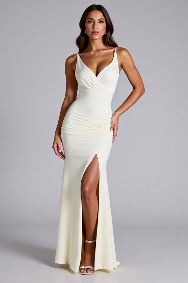 Laden Sie das Bild in den Galerie-Viewer, Elfenbein Etui Falten Lange Formelle Kleid mit Schlitz