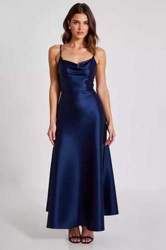 Marineblau Etui Rüschen Spaghettiträger Lange Formelle Kleid