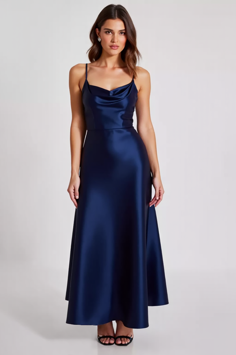 Marineblau Etui Rüschen Spaghettiträger Lange Formelle Kleid