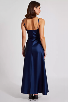 Marineblau Etui Rüschen Spaghettiträger Lange Formelle Kleid