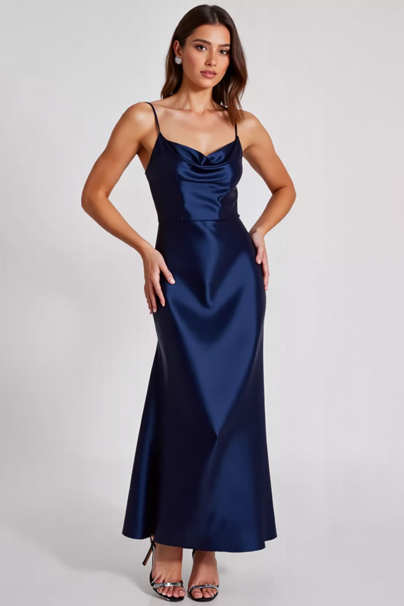 Laden Sie das Bild in den Galerie-Viewer, Marineblau Etui Rüschen Spaghettiträger Lange Formelle Kleid