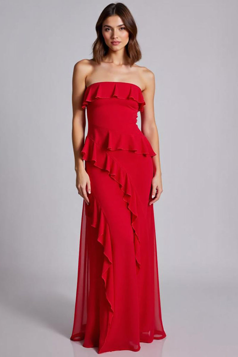Laden Sie das Bild in den Galerie-Viewer, Rot A Linie Lange Formelle Kleid mit Rüschen