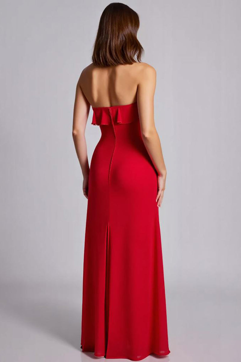 Laden Sie das Bild in den Galerie-Viewer, Rot A Linie Lange Formelle Kleid mit Rüschen