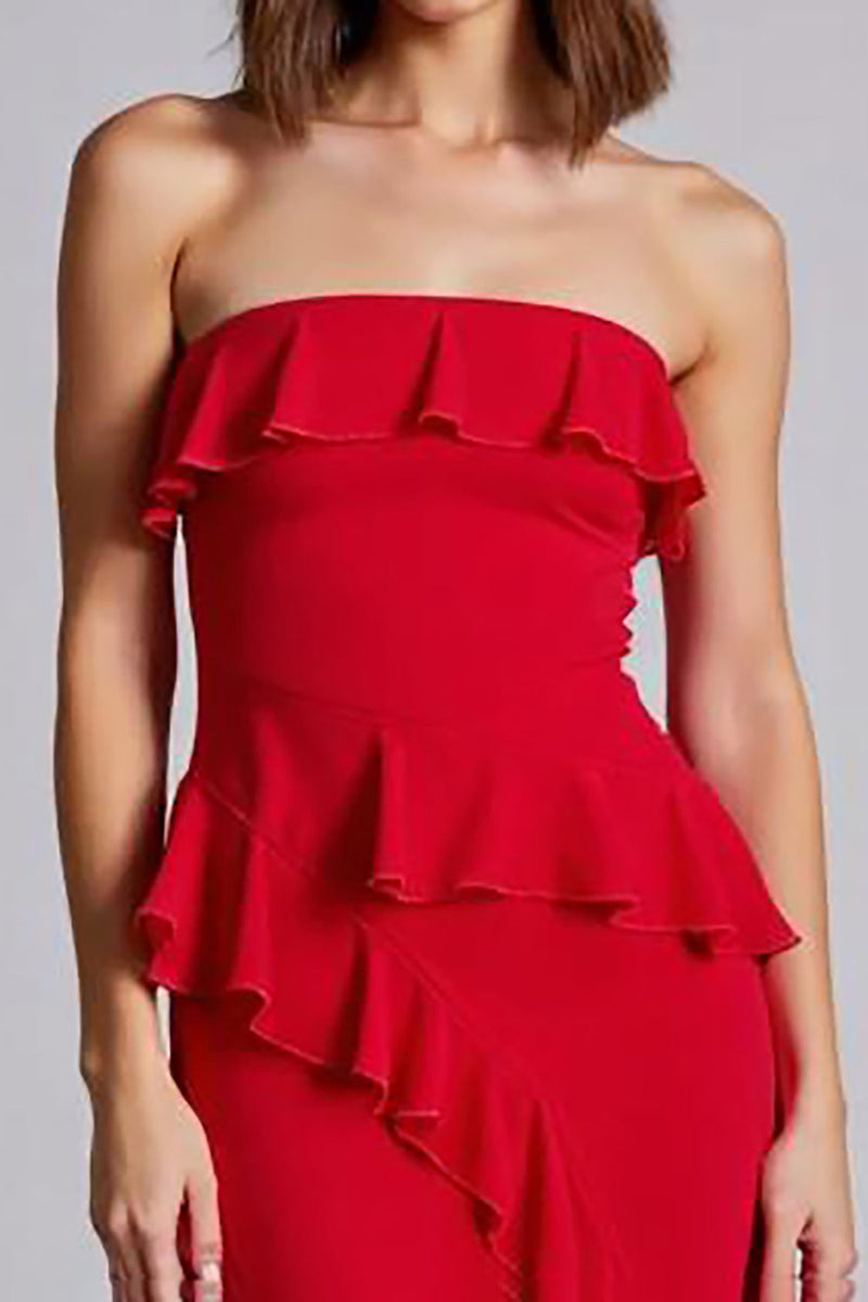 Laden Sie das Bild in den Galerie-Viewer, Rot A Linie Lange Formelle Kleid mit Rüschen