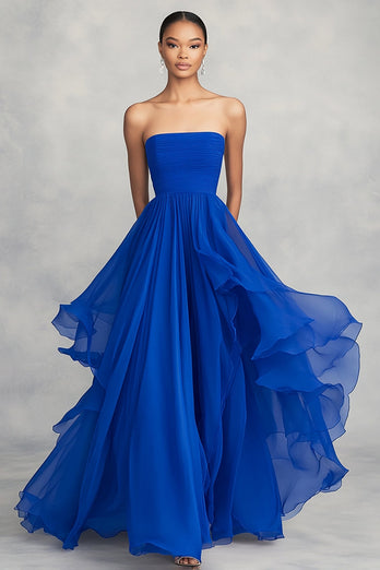 Königsblau Falten Asymmetrische A Linie Chiffon Lange Formelle Kleid