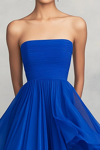 Königsblau Falten Asymmetrische A Linie Chiffon Lange Formelle Kleid
