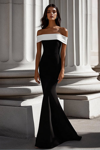 Schwarz Meerjungfrau Satin Schulterfreie Lange Abendkleid