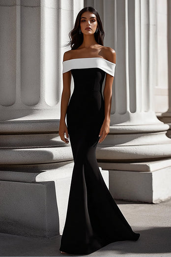 Schwarz Meerjungfrau Satin Schulterfreie Lange Abendkleid