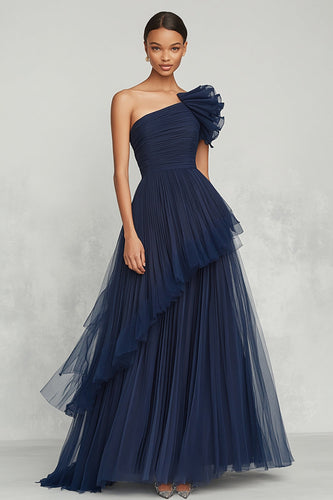 Marineblau A Linie Eine Schulter Tüll Lange Formelle Kleid mit Rüschen