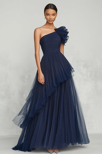 Marineblau A Linie Eine Schulter Tüll Lange Formelle Kleid mit Rüschen