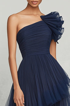 Marineblau A Linie Eine Schulter Tüll Lange Formelle Kleid mit Rüschen