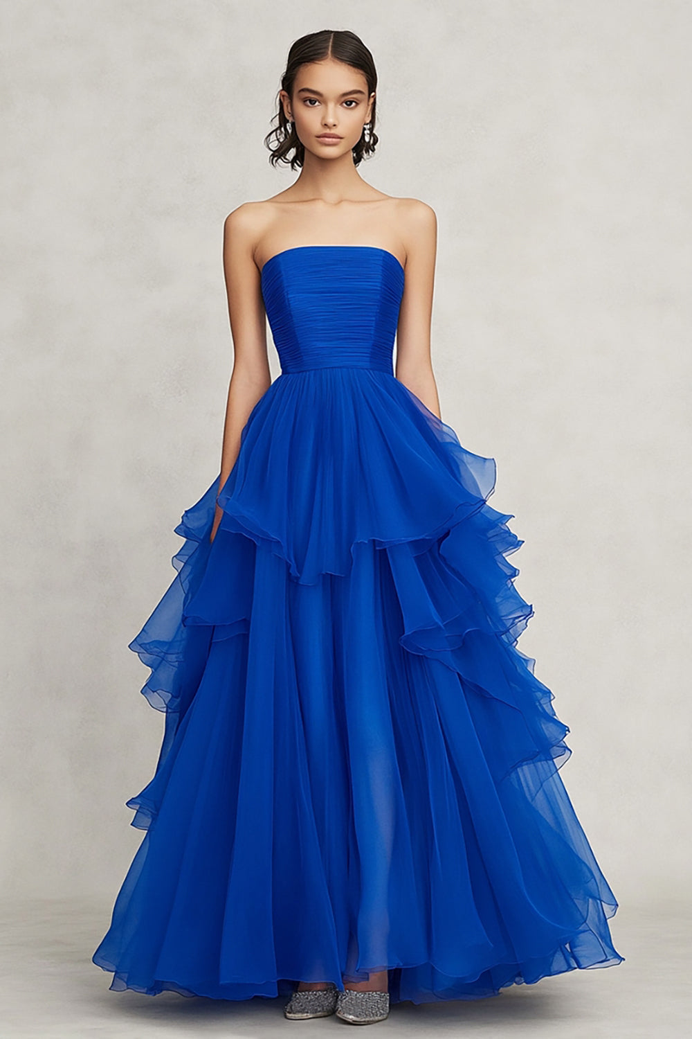 Königsblau A Linie Trägerlos Asymmetrical Chiffon Lange Formelle Kleid