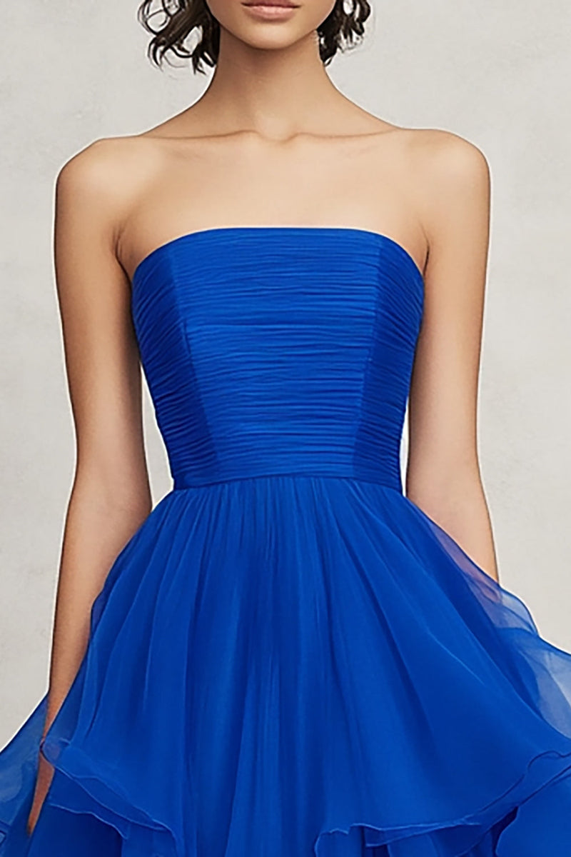 Laden Sie das Bild in den Galerie-Viewer, Königsblau A Linie Trägerlos Asymmetrical Chiffon Lange Formelle Kleid