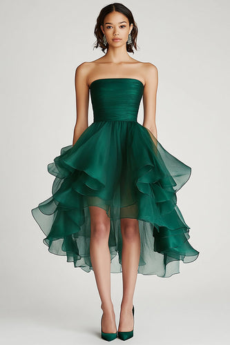 Dunkelgrün A Linie Trägerlos Tüll Asymmetrical Kurze Formelle Kleid