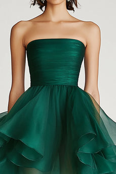 Dunkelgrün A Linie Trägerlos Tüll Asymmetrical Kurze Formelle Kleid
