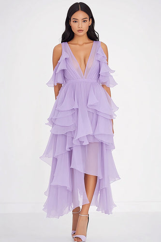 Lila Chiffon V Ausschnitt Rüschen Lange Formelle Kleid mit Schlitz