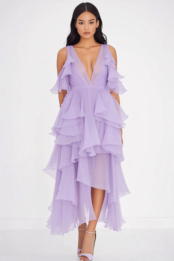 Lila Chiffon V Ausschnitt Rüschen Lange Formelle Kleid mit Schlitz