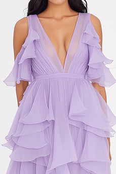 Lila Chiffon V Ausschnitt Rüschen Lange Formelle Kleid mit Schlitz