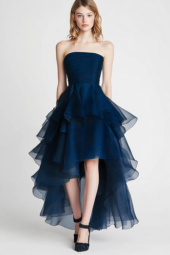 Marineblau Tüll Lagen Trägerlos A Linie Lange Formelle Kleid