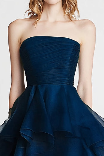 Marineblau Tüll Lagen Trägerlos A Linie Lange Formelle Kleid