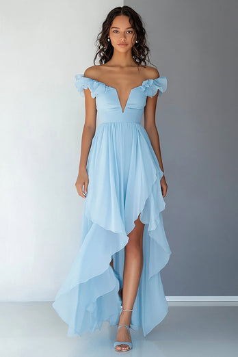 Himmelblau High Low Chiffon A Linie Formelle Kleid mit Rüschen
