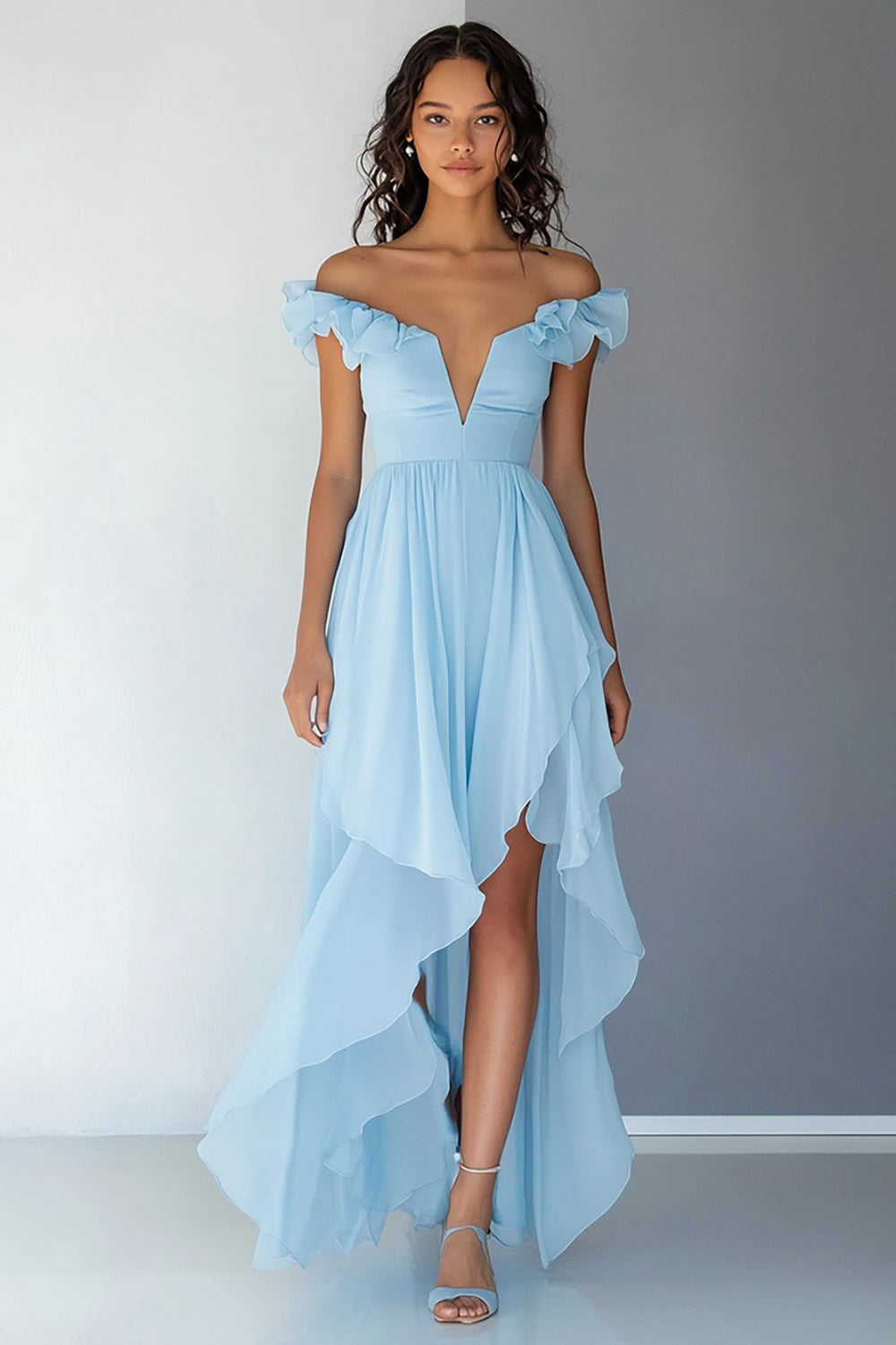 Himmelblau High Low Chiffon A Linie Formelle Kleid mit Rüschen