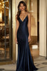 Laden Sie das Bild in den Galerie-Viewer, Marineblau V Ausschnitt Etui Satin Spaghettiträger Lange Formelle Kleid