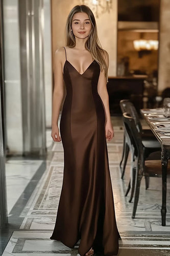 Kaffee Etui Satin Spaghettiträger Lange Formelle Kleid