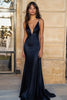 Laden Sie das Bild in den Galerie-Viewer, Marineblau Tiefer V Ausschnitt Etui Satin Spaghettiträger Lange Formelle Kleid