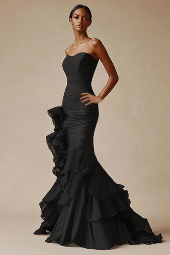 Elegant Mermaid Long Black Tie Dress with Ruffles Strapless Chiffon Sweetheart Tiered Maxi Dress