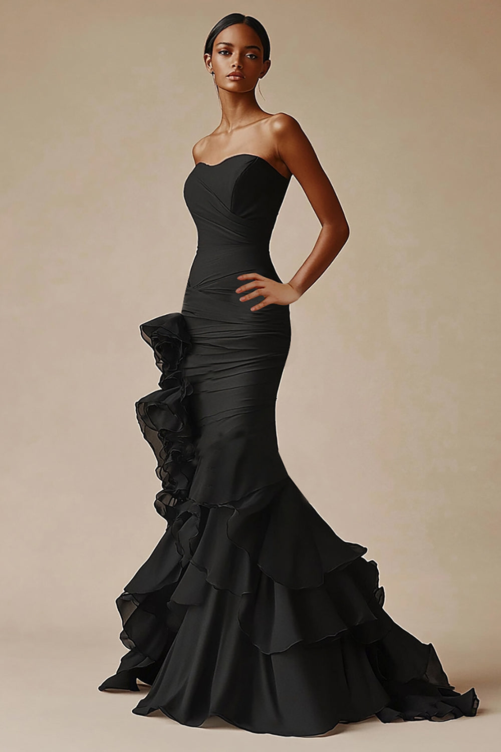 Elegant Mermaid Long Black Tie Dress with Ruffles Strapless Chiffon Sweetheart Tiered Maxi Dress