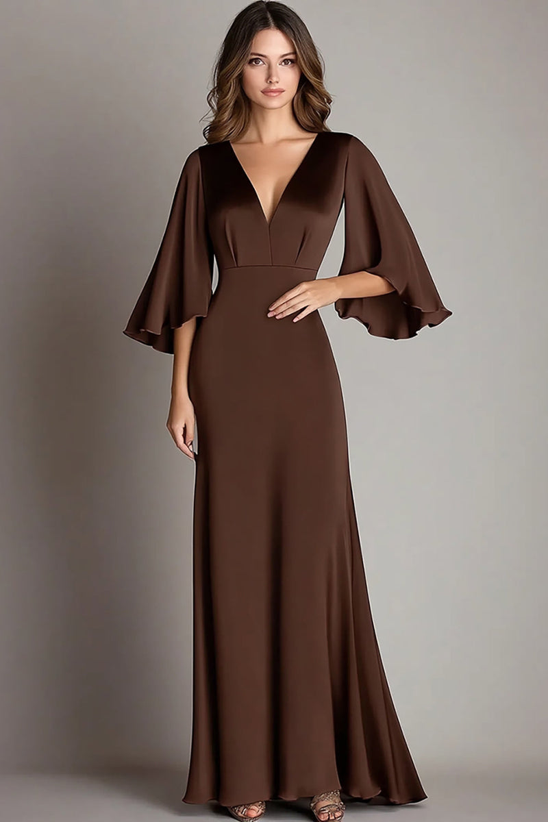 Laden Sie das Bild in den Galerie-Viewer, Kaffee Etui Satin Lange Formelle Kleid mit Ärmel