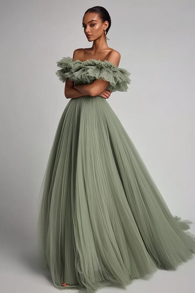 Laden Sie das Bild in den Galerie-Viewer, Salbeigrün Tüll A Linie Lange Formelle Kleid mit Rüschen