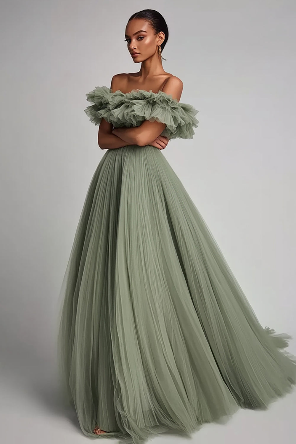 Salbeigrün Tüll A Linie Lange Formelle Kleid mit Rüschen