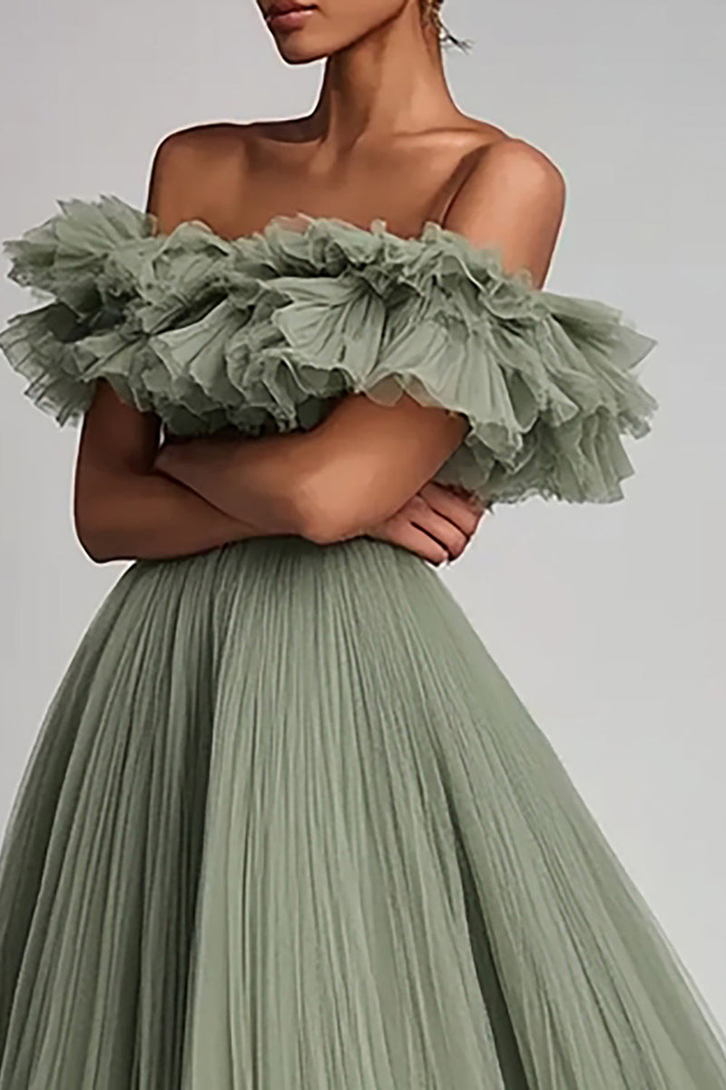 Laden Sie das Bild in den Galerie-Viewer, Salbeigrün Tüll A Linie Lange Formelle Kleid mit Rüschen