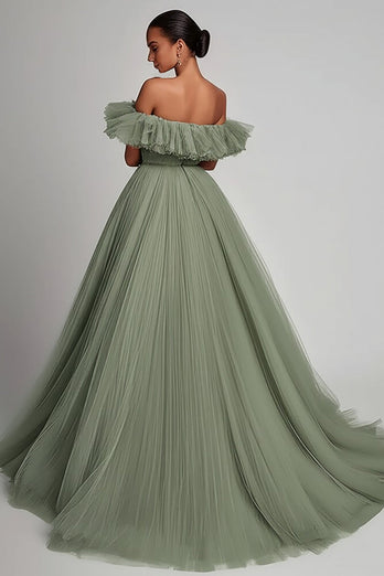 Salbeigrün Tüll A Linie Lange Formelle Kleid mit Rüschen